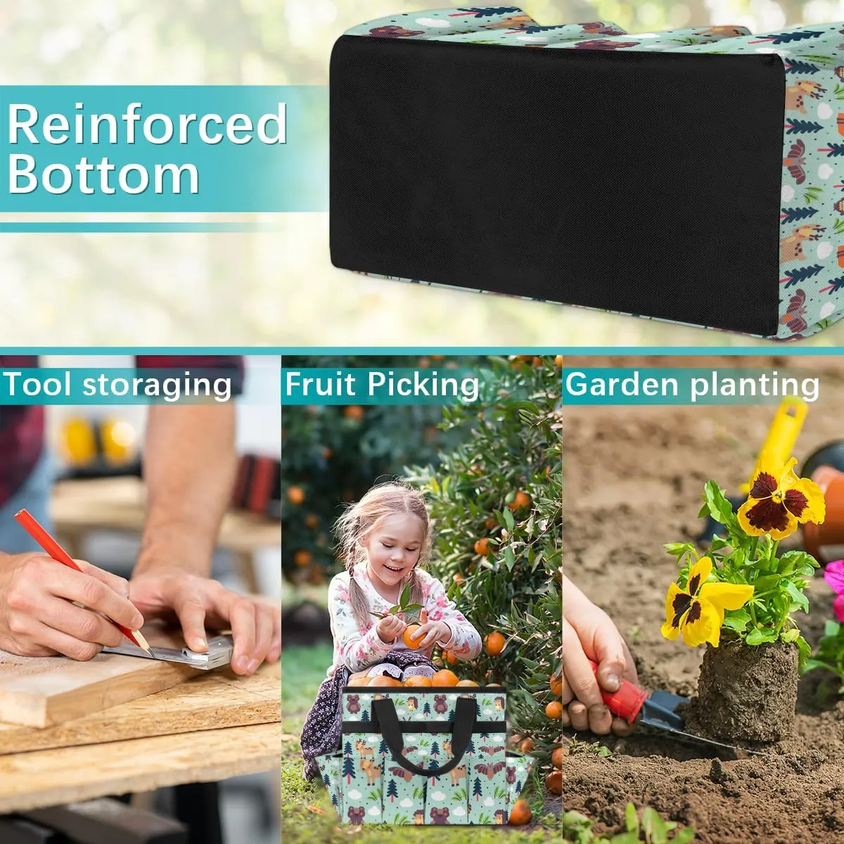 Cute Animals Gardening Bag, Garden Tote Bag, Portable Garden Tool Bags Storage with Pockets & Handle, Multi-Pocket Gardening Tote Organizer for Outdoor Garden Lawn Yard