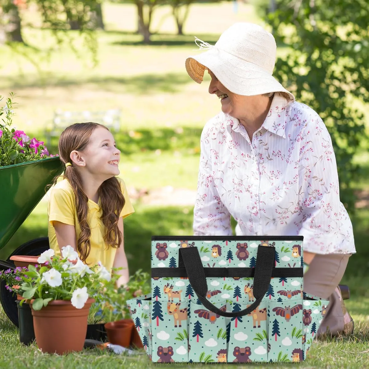 Cute Animals Gardening Bag, Garden Tote Bag, Portable Garden Tool Bags Storage with Pockets & Handle, Multi-Pocket Gardening Tote Organizer for Outdoor Garden Lawn Yard