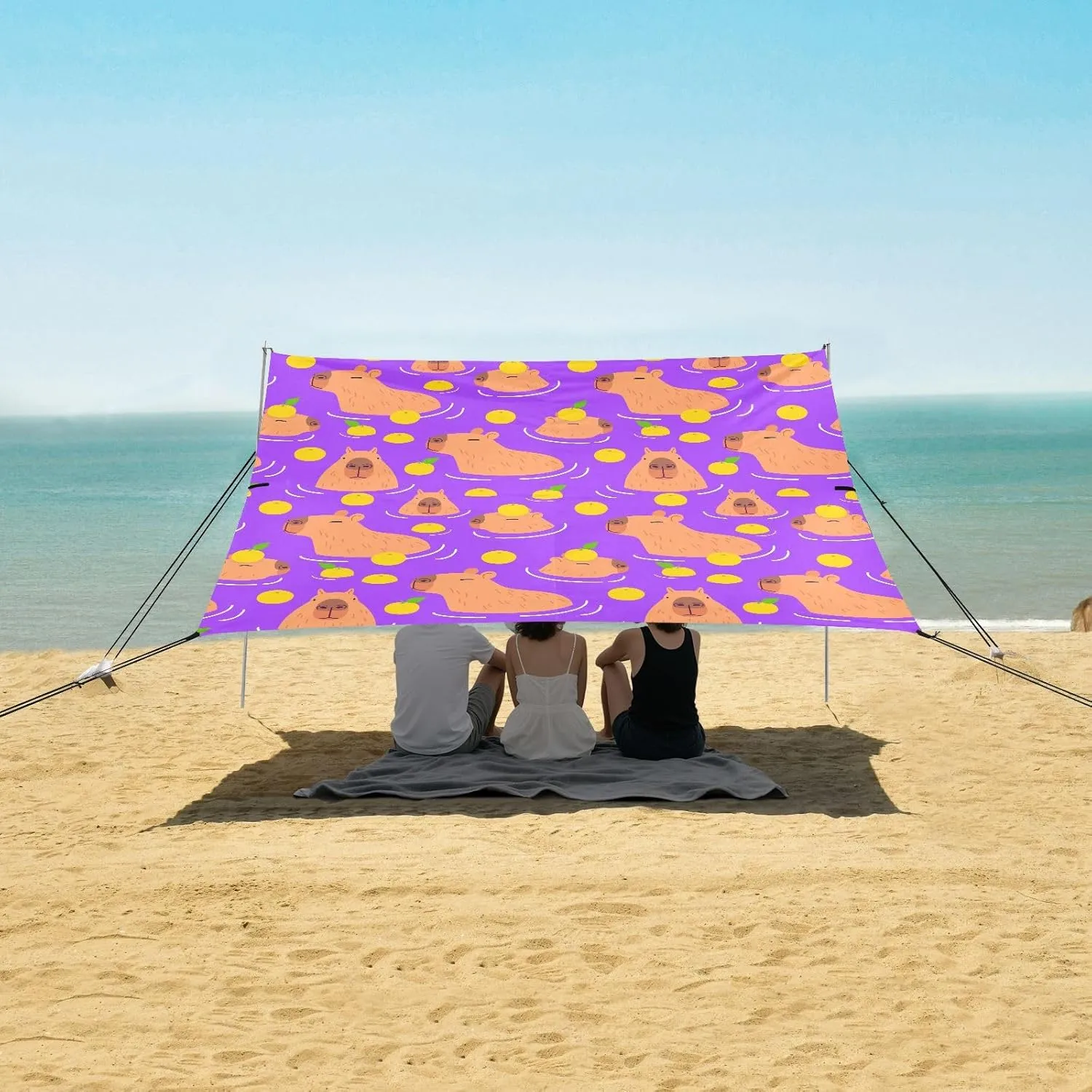 Cute Capybara Fruits Purple Beach Camping Tent Sun Shelter for Whole Family, Beach Shade Canopy with UPF50  UV Protection,Easy Set Up and Carry,Outdoor Shade for Trips, Fishing, Backyard Fun Pi
