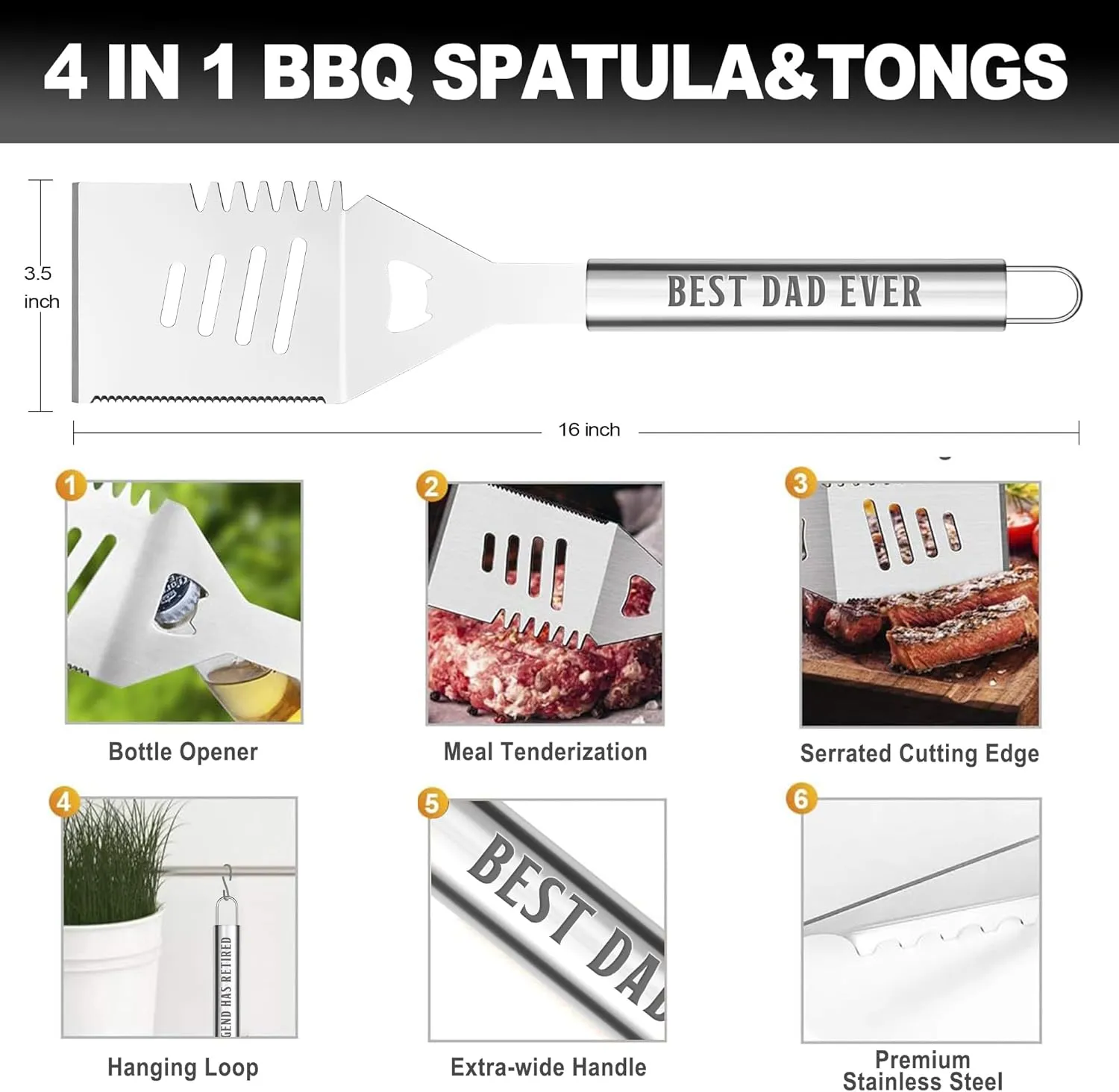 Dad Gifts for Fathers Day, Grilling Accessories, Heavy Duty Stainless Steel Grill Set BBQ Grill Tools for Outdoor Grill with Aluminum Case, Camping Grill Utensils Ideal Grilling Gift for Men(Black)