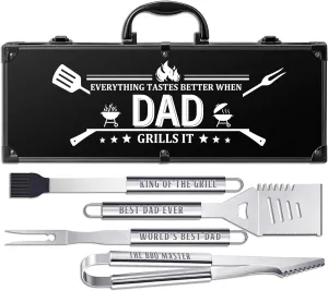 Dad Gifts for Fathers Day, Grilling Accessories, Heavy Duty Stainless Steel Grill Set BBQ Grill Tools for Outdoor Grill with Aluminum Case, Camping Grill Utensils Ideal Grilling Gift for Men(Black)
