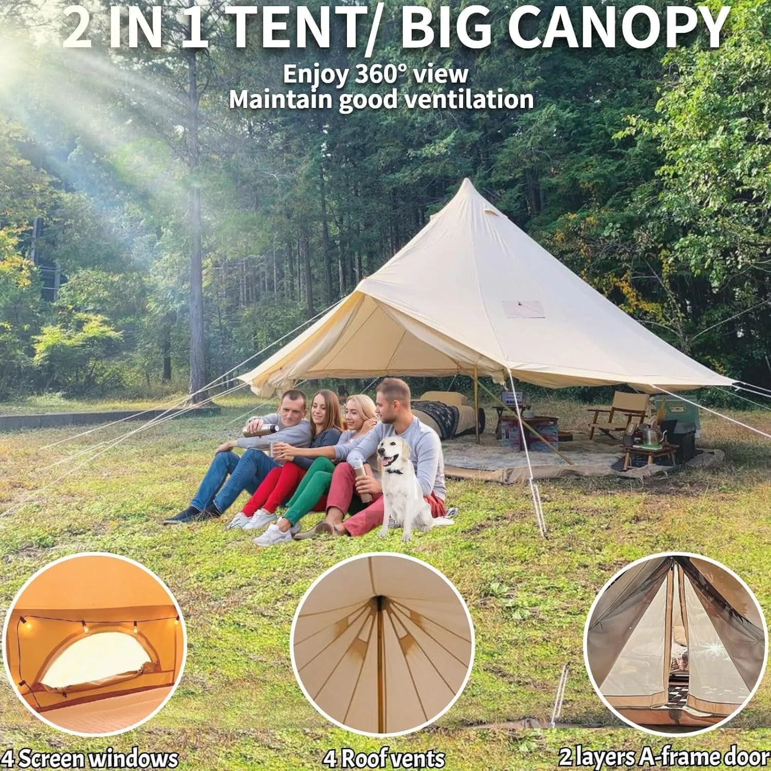 DANCHEL OUTDOOR Canvas Bell Tent with Large Tent Stove, 4 Season Yurt with Stove Jack for All Year Living 4/6/8 Person Hot Tent Camping Glamping, 13/16.4/20ft Khaki
