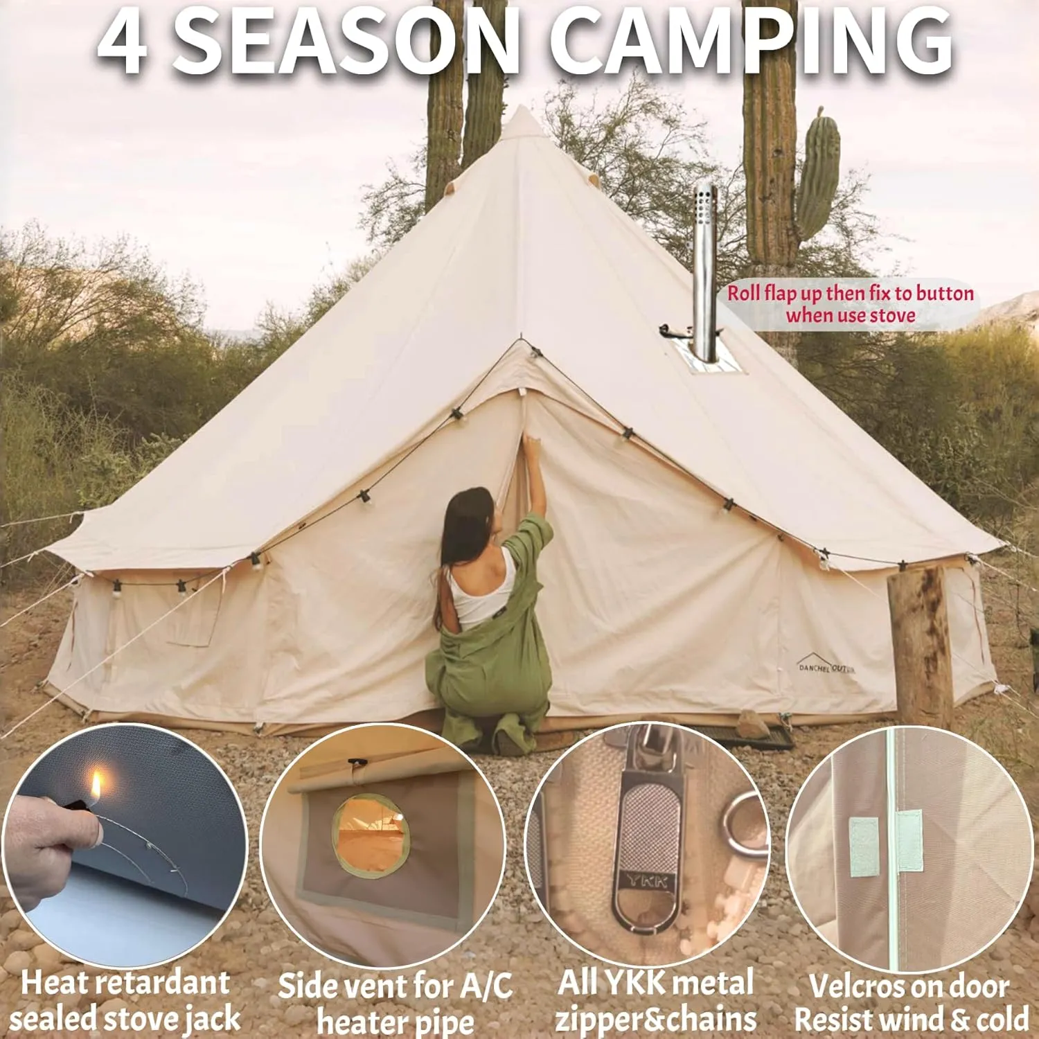DANCHEL OUTDOOR Canvas Bell Tent with Large Tent Stove, 4 Season Yurt with Stove Jack for All Year Living 4/6/8 Person Hot Tent Camping Glamping, 13/16.4/20ft Khaki