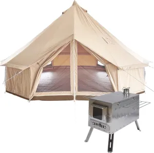 DANCHEL OUTDOOR Canvas Bell Tent with Large Tent Stove, 4 Season Yurt with Stove Jack for All Year Living 4/6/8 Person Hot Tent Camping Glamping, 13/16.4/20ft Khaki