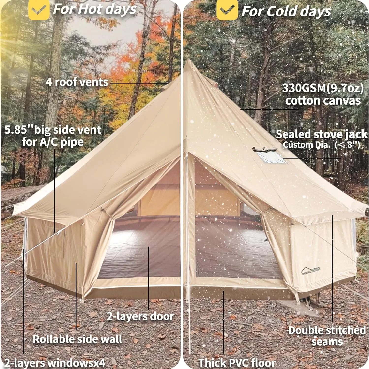 DANCHEL OUTDOOR Canvas Bell Tent with Large Tent Stove, 4 Season Yurt with Stove Jack for All Year Living 4/6/8 Person Hot Tent Camping Glamping, 13/16.4/20ft Khaki