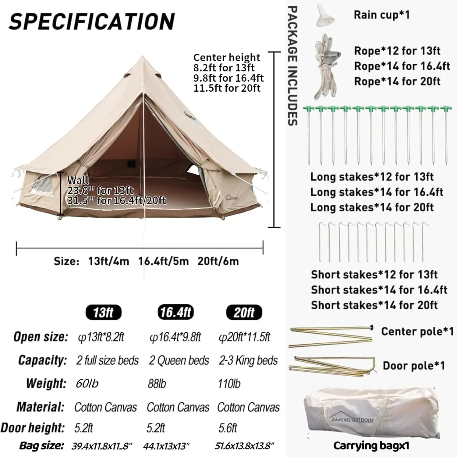 DANCHEL OUTDOOR Canvas Bell Tent with Large Tent Stove, 4 Season Yurt with Stove Jack for All Year Living 4/6/8 Person Hot Tent Camping Glamping, 13/16.4/20ft Khaki
