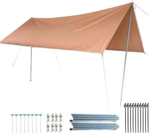 DANCHEL OUTDOOR Canvas Tent Tarp Sun Shelter Awning, Portable Waterproof Camping Tarp with Heightened 7.87ft Poles Sun Shade Glamping Accessories Gear, Khaki/Brown