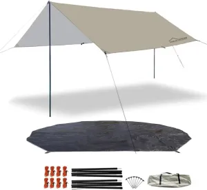 DANCHEL OUTDOOR Portable Tent Tarp Oxford Fabric with 13ft Tent Footrpint Groundsheet, Waterproof Rain Fly Shelter Awning Tent Canopy, Khaki 9.8x13ft