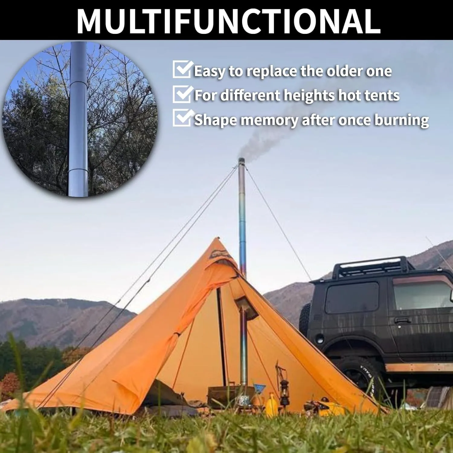 DANCHEL OUTDOOR Roll up Titanium Stove Pipe Ultralight,Camping Wood Stove Chimney Pipe with Rings, Hot Tent Accessories Replacement Flue 2.36’’ Dia., 11''Wide, 9.8ft/3m Length