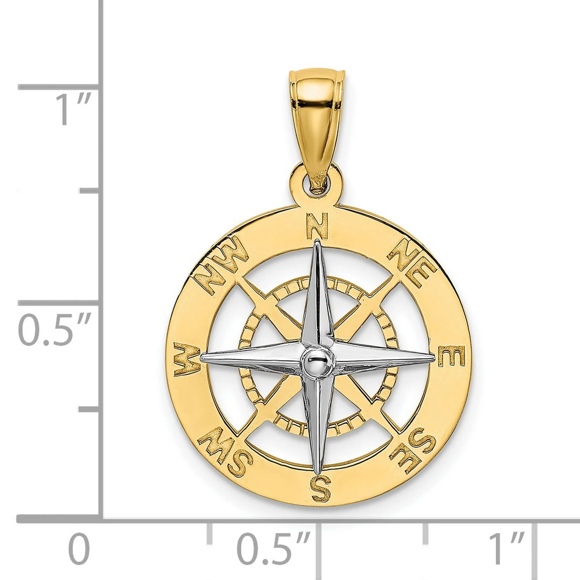 Dime Size Nautical Compass with Contrasting Needle Charm Pendant in Real 14k Multi-Tone Gold
