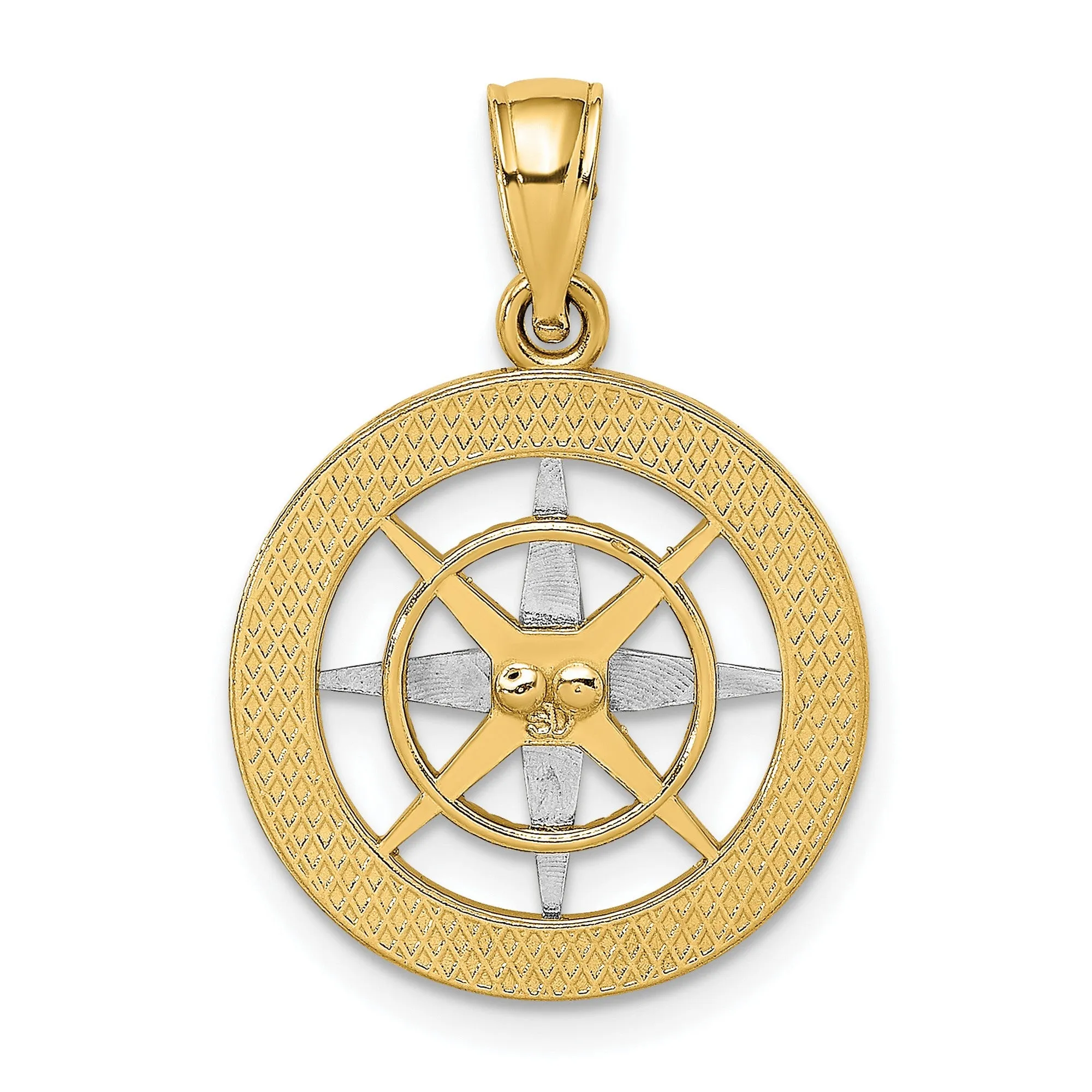 Dime Size Nautical Compass with Contrasting Needle Charm Pendant in Real 14k Multi-Tone Gold