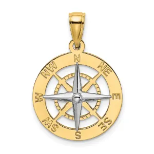 Dime Size Nautical Compass with Contrasting Needle Charm Pendant in Real 14k Multi-Tone Gold