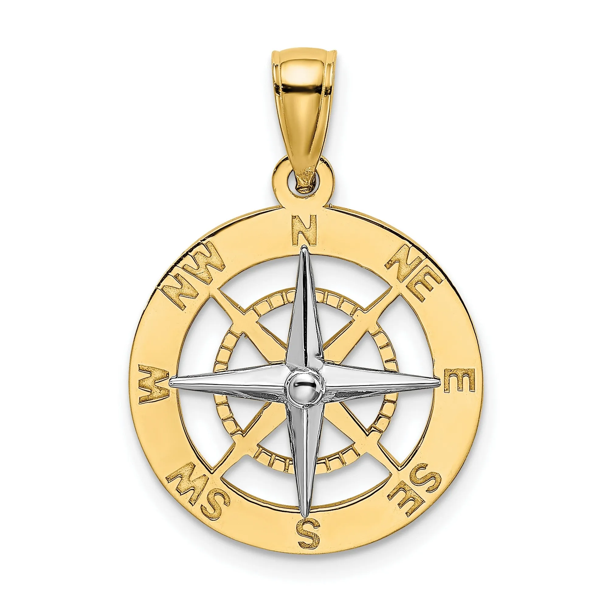 Dime Size Nautical Compass with Contrasting Needle Charm Pendant in Real 14k Multi-Tone Gold