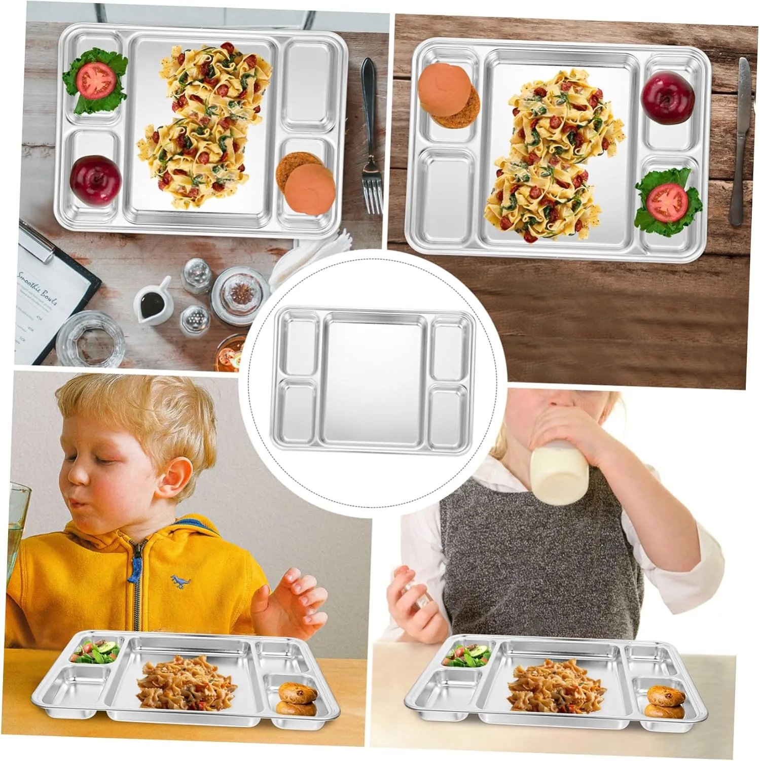 Divided Plate for Food Storage Western Style Serving Trays Stainless Steel Plate Easy Clean