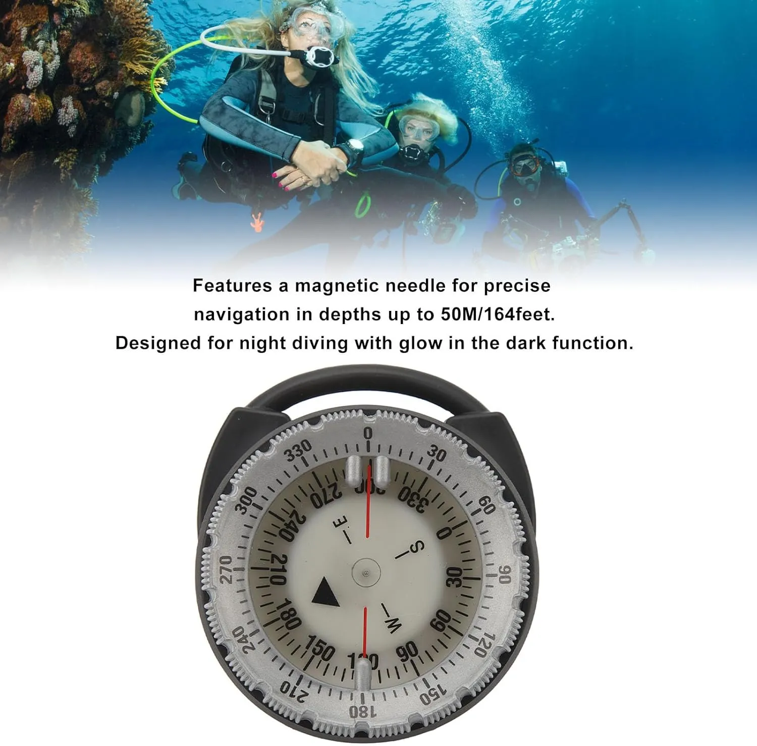 Diving Compass, 50M Underwater Diving Compass Luminous Magnetic Pipe Clamp Compact Navigation Comapss for Diving Water Sports