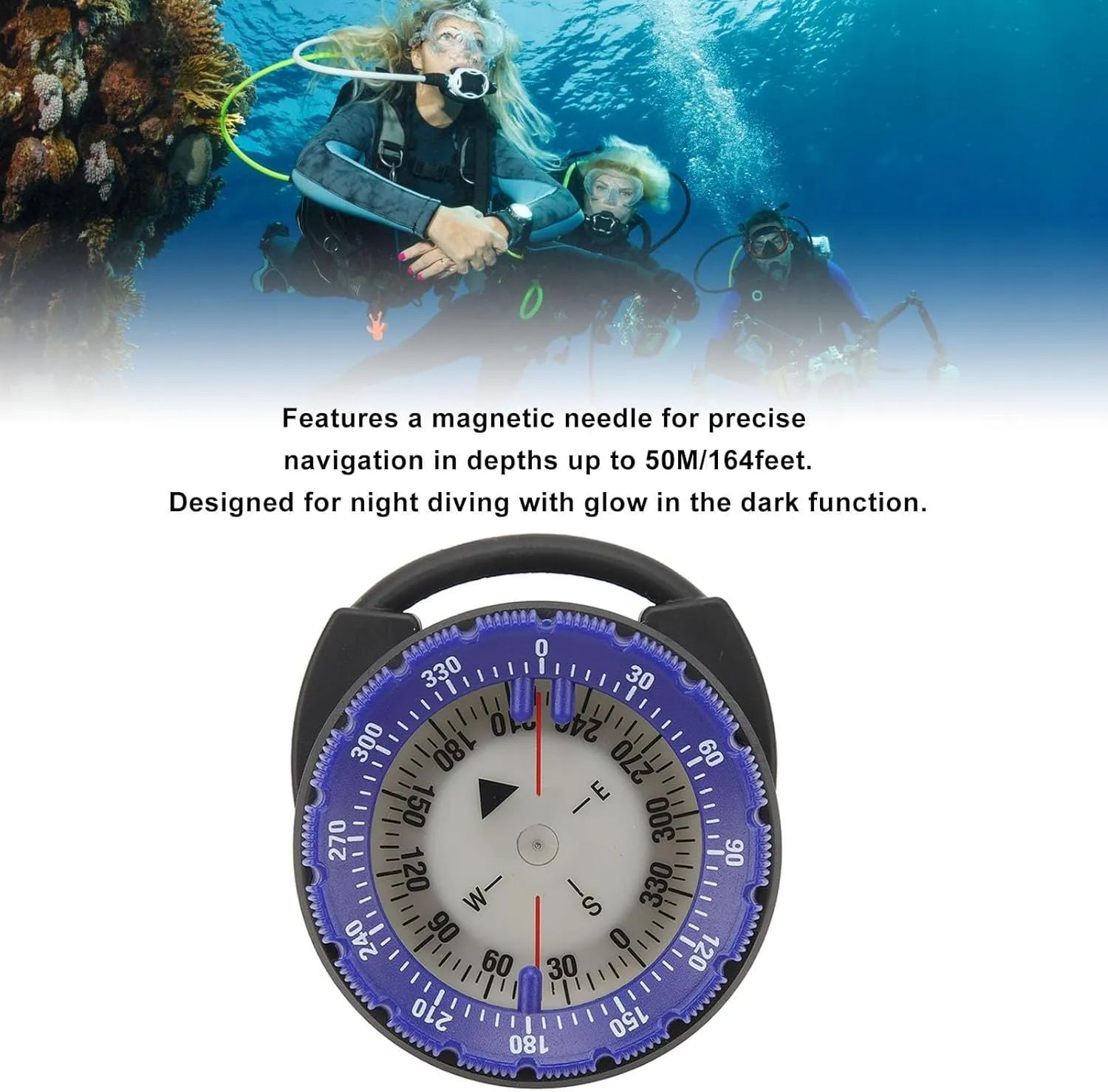 Diving Compass, 50M Underwater Diving Dive Compass with Breathing Tube Clamp, Luminous Waterproof Diving Compass for Scuba Diving Water Sports