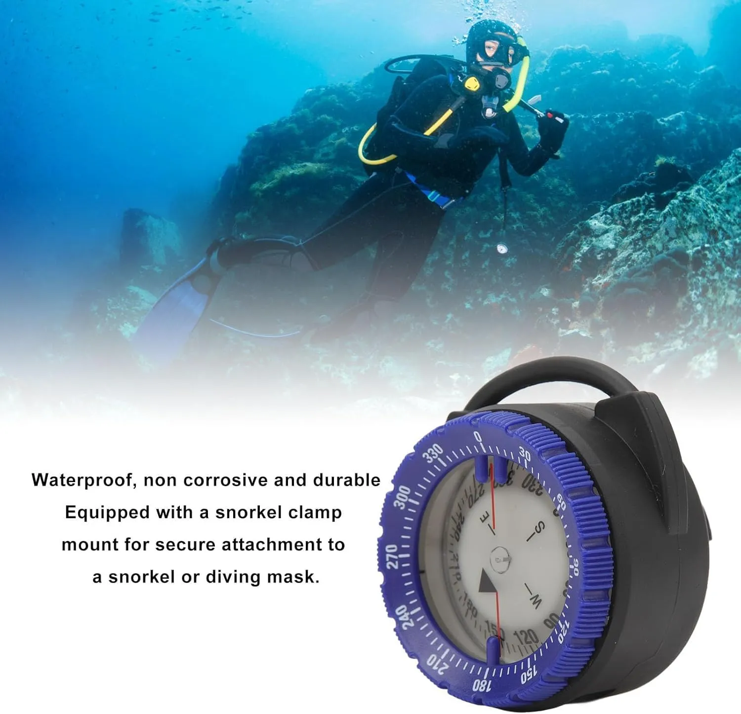 Diving Compass, 50M Underwater Diving Dive Compass with Breathing Tube Clamp, Luminous Waterproof Diving Compass for Scuba Diving Water Sports