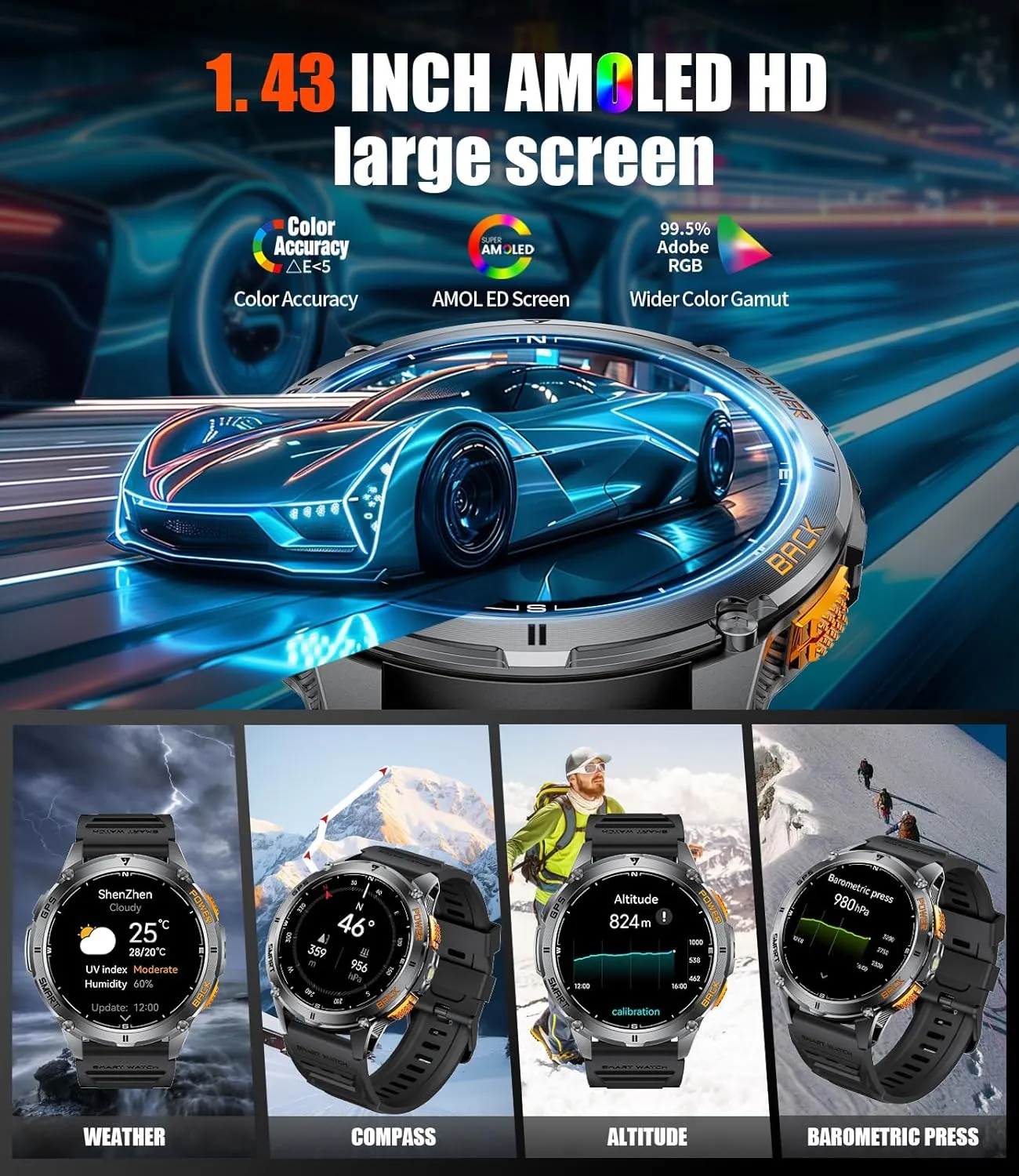 DM4 GPS Smart Watch for Men with LED Light/530mAh Battery, 1,43'' AMOLED Military Smartwatch with Compass/Barometer/Altimeter, Heart Rate/Sleep, 5ATM Waterproof Fitness Watch for Android iOS