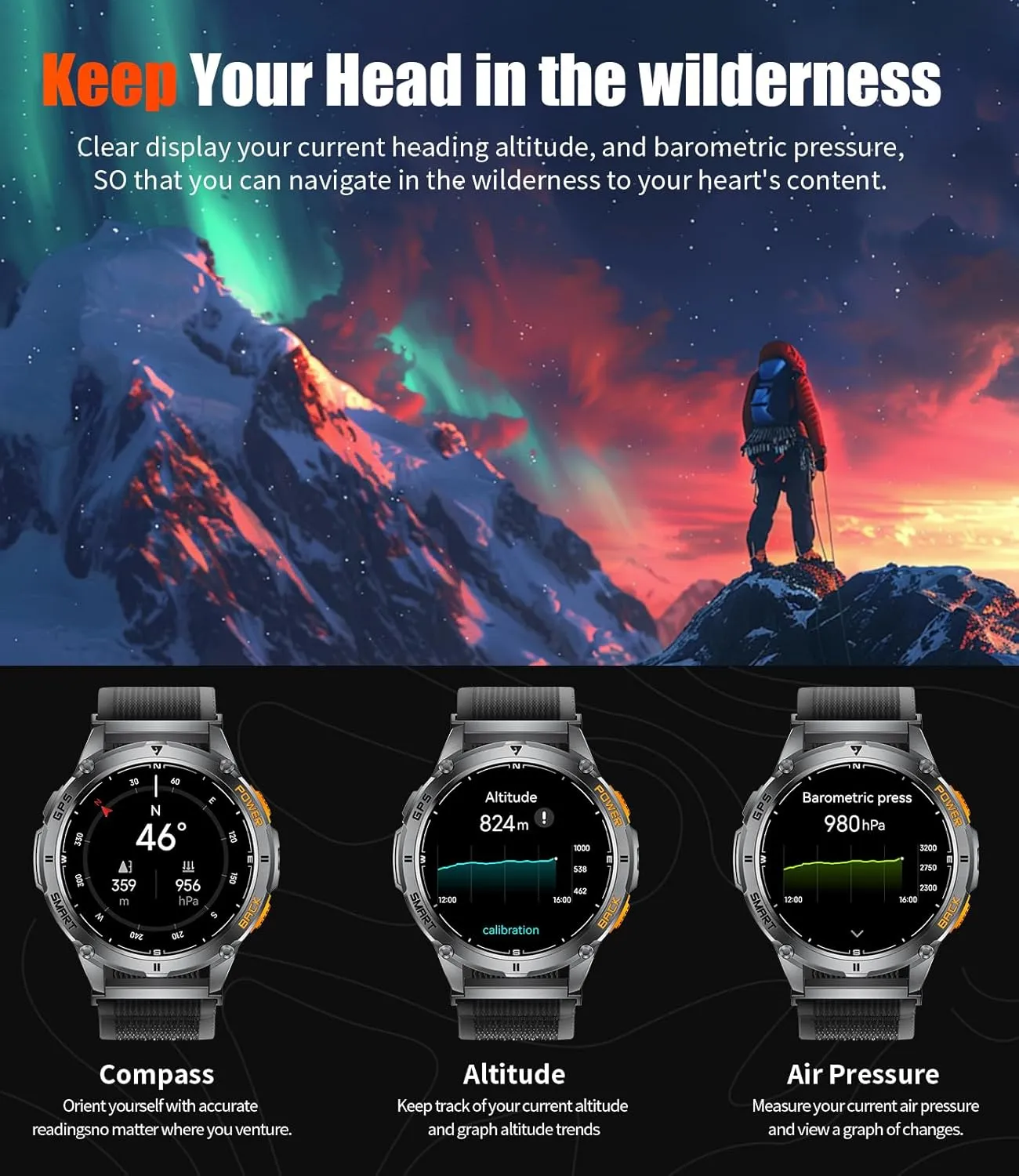 DM4 GPS Smart Watch for Men with LED Light/530mAh Battery, 1,43'' AMOLED Military Smartwatch with Compass/Barometer/Altimeter, Heart Rate/Sleep, 5ATM Waterproof Fitness Watch for Android iOS