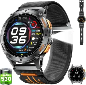 DM4 GPS Smart Watch for Men with LED Light/530mAh Battery, 1,43'' AMOLED Military Smartwatch with Compass/Barometer/Altimeter, Heart Rate/Sleep, 5ATM Waterproof Fitness Watch for Android iOS