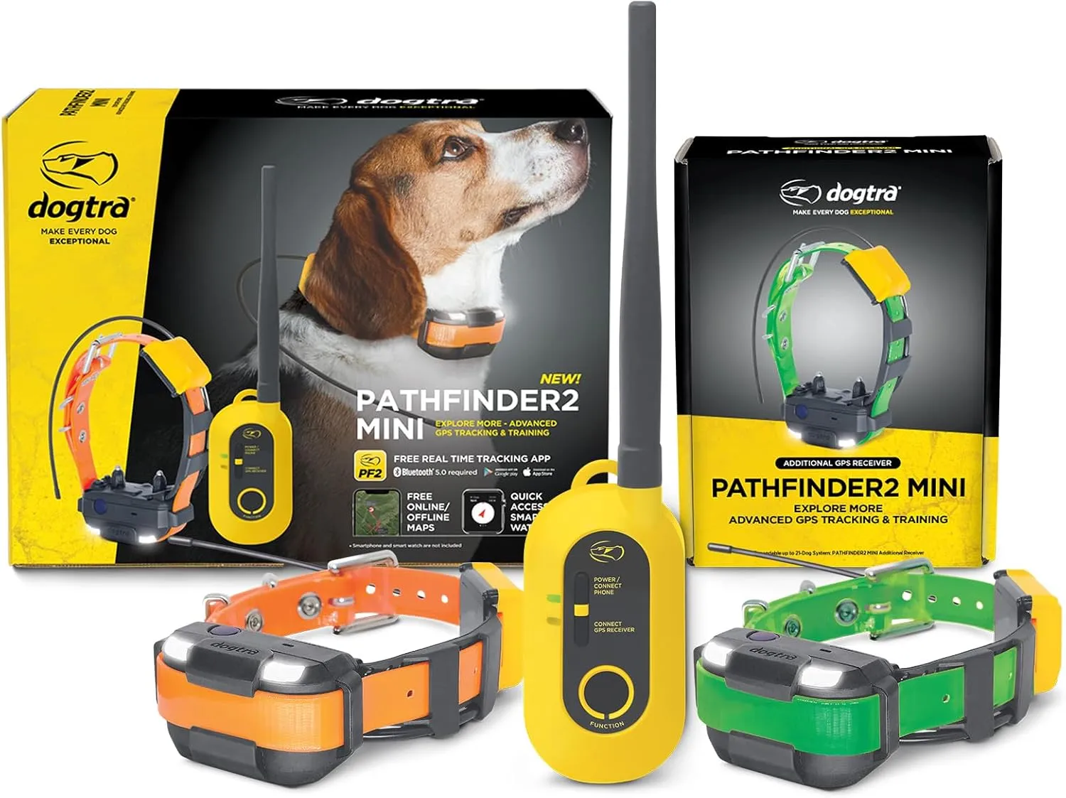 Dogtra 2 Dog Pathfinder 2 Mini GPS Dog Tracker e Collar with Pathfinder 2 Mini Green Add on Receiver LED Light No Monthly fees Free App Waterproof Smartwatch Control Long Range Smartphone Required
