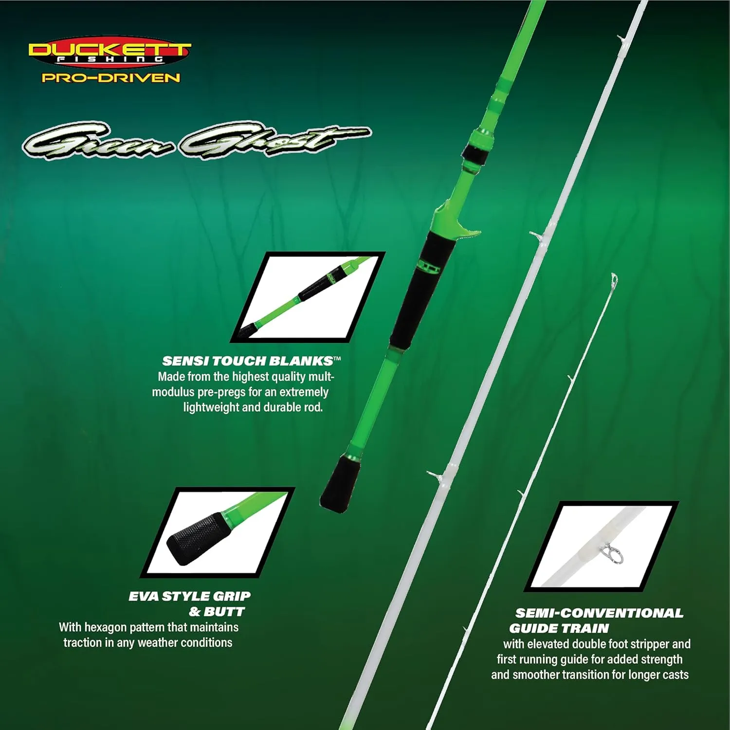 DUCKETT FISHING Green Ghost Angling Fishing Rods |True Split Reel Seat, Sensi-Touch Blanks - Available in Spinning, Casting & Crankin' Options