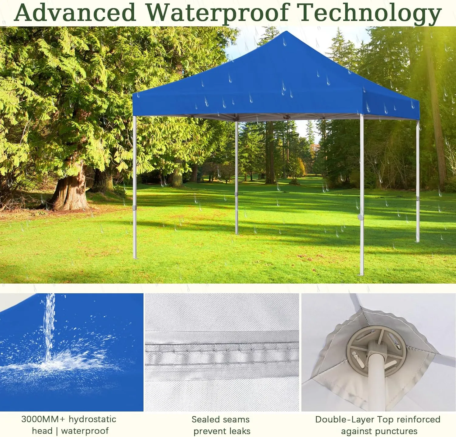 Easy 10x10 Pop Up Canopy Tent with Peak Tensioner, Heavy Duty for Commercial Use, Industry-Leading 3000mm Waterproof, 500D Silver Coated Top, Wheeled Bag, 4 Sandbags, Stakes & Ropes, Blue