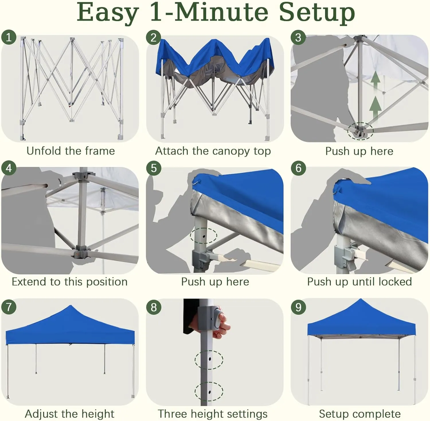 Easy 10x10 Pop Up Canopy Tent with Peak Tensioner, Heavy Duty for Commercial Use, Industry-Leading 3000mm Waterproof, 500D Silver Coated Top, Wheeled Bag, 4 Sandbags, Stakes & Ropes, Blue