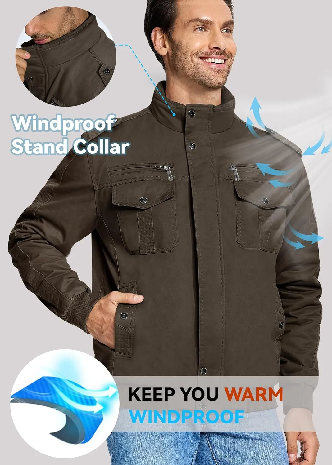 EKLENTSON Men's Thick Thermal Winter Jacket with Multi Pockets Zip Front Fleece Lined Military Jacket for Men