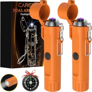 Electric Waterproof Lighters Gifts for Men: 2 Pack LED Flashlight Lighter Christmas Stocking Stuffers for Adults Him Boy Birthday - 3-in-1 USB Dual Arc Outdoor BBQ Camping Hunting Survival Gadget
