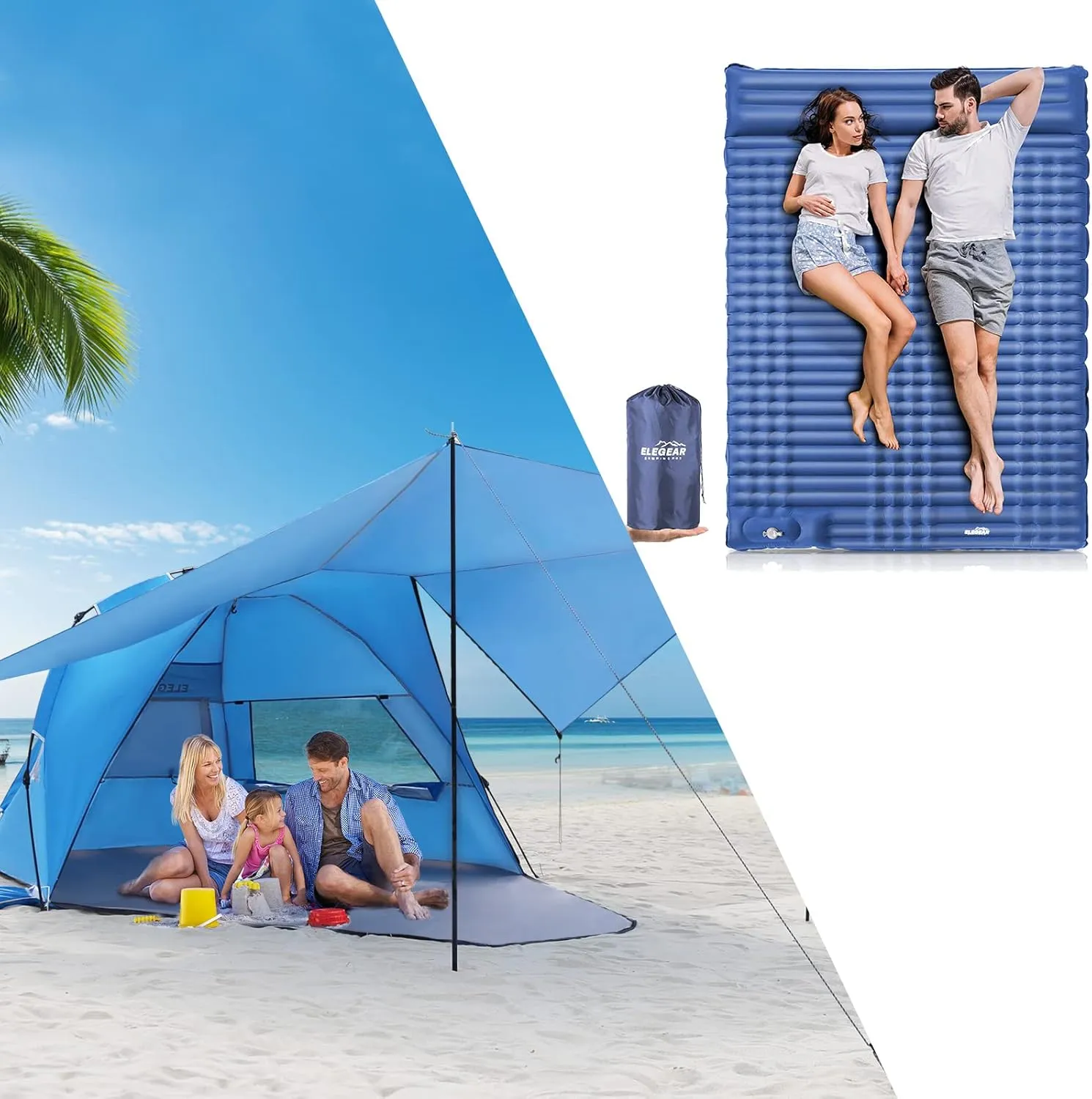 Elegear Double Sleeping Pad 4" Ultra-Thick Self Inflating and Beach Tent with 360° Removable Canopy