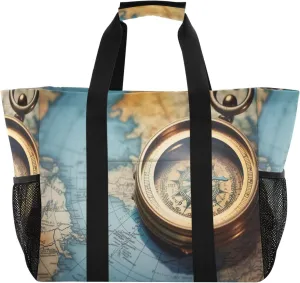 Emelivor Compass Ancient Map Large Tote Bag Foldable Diaper Grocery Bags Canvas Travel Beach Tote Bag Handbags Pool Bag for Women Shopping Work Gym with Handle