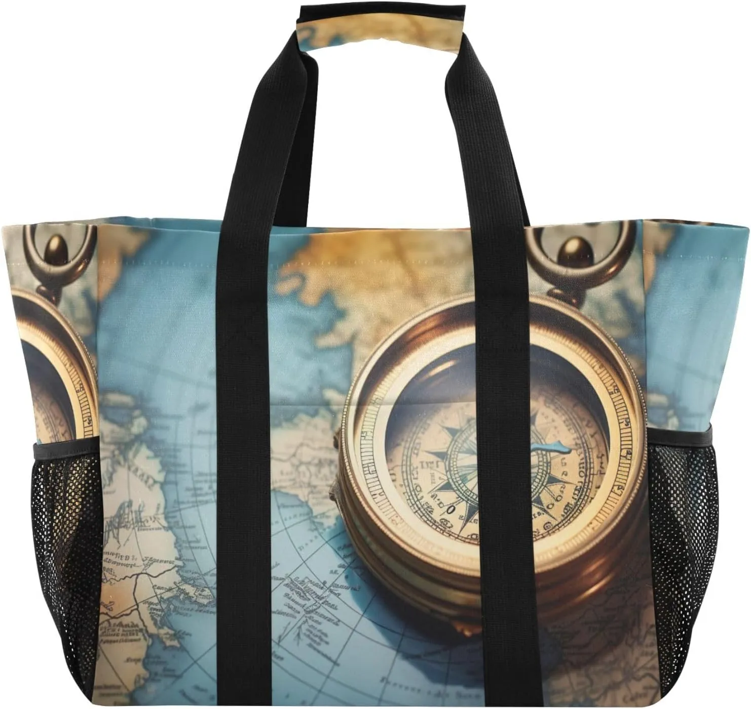 Emelivor Compass Ancient Map Large Tote Bag Foldable Diaper Grocery Bags Canvas Travel Beach Tote Bag Handbags Pool Bag for Women Shopping Work Gym with Handle