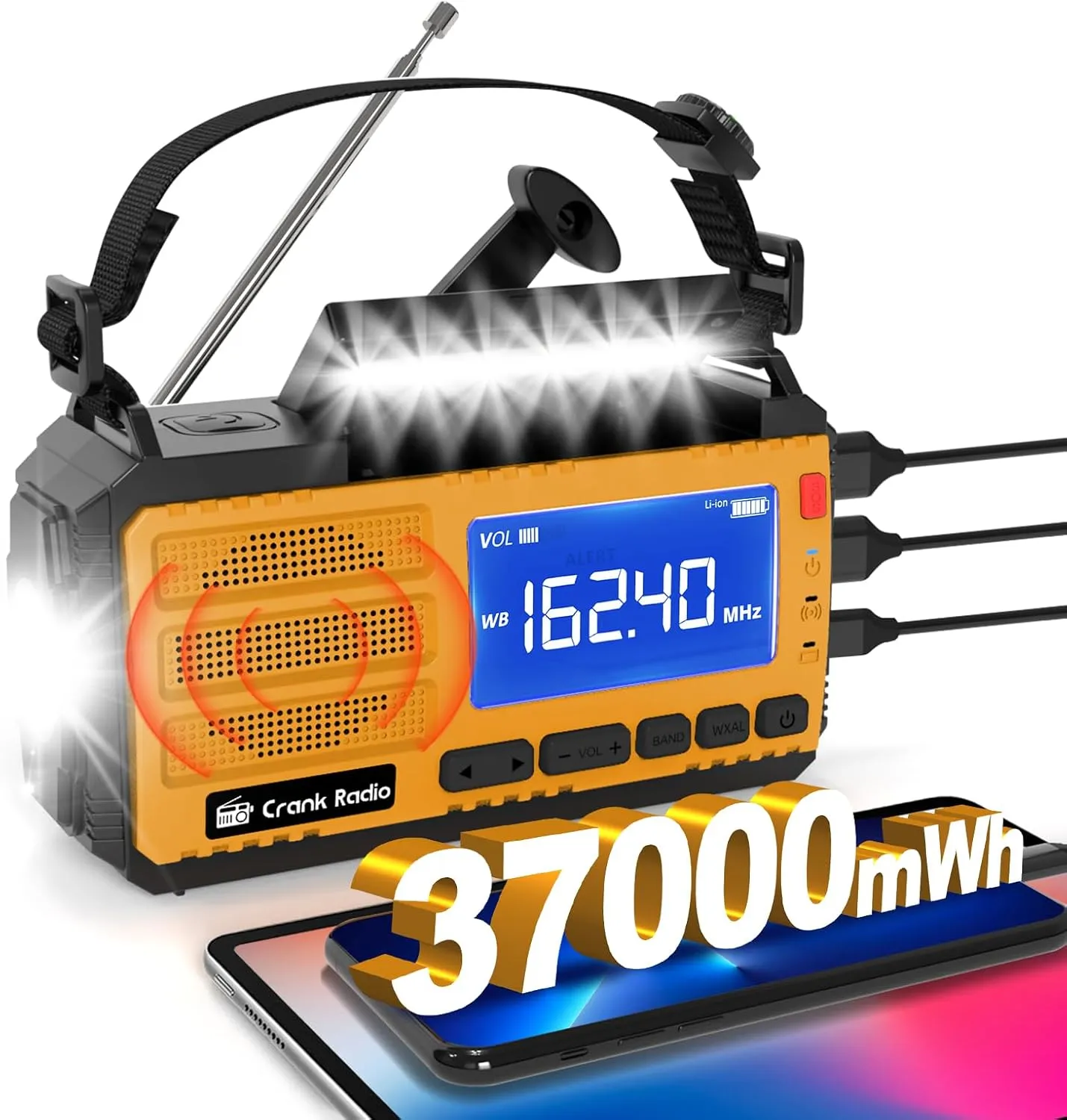 Emergency Crank Radio Solar Hand Crank Emergency Radio 37000mWh (10000mAh) AM/FM NOAA Weather Radio with LCD Display 3 Mode Flashlight SOS Alarm Compass Headphone Jack for Winter Storm Emergency