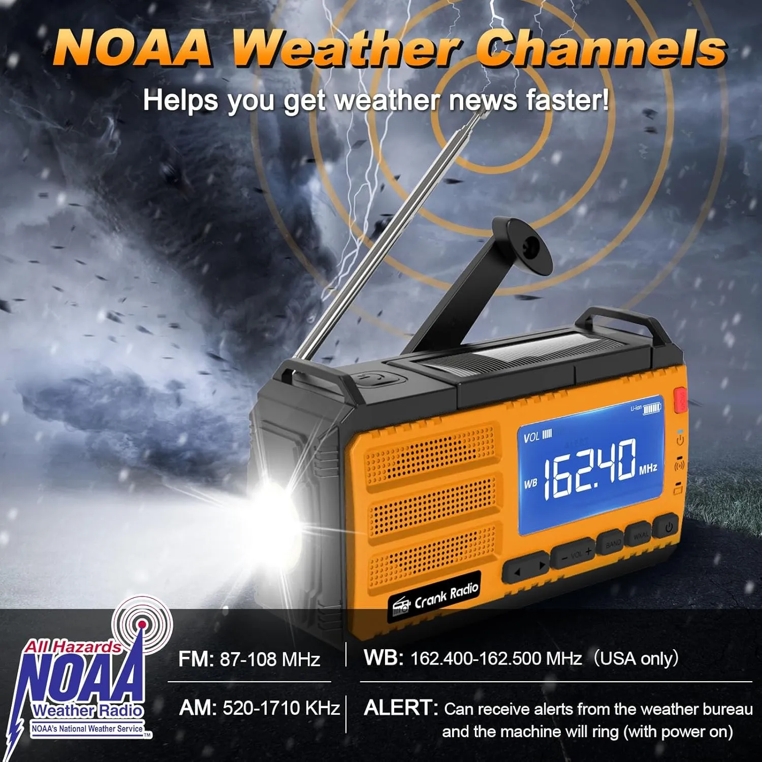 Emergency Crank Radio Solar Hand Crank Emergency Radio 37000mWh (10000mAh) AM/FM NOAA Weather Radio with LCD Display 3 Mode Flashlight SOS Alarm Compass Headphone Jack for Winter Storm Emergency