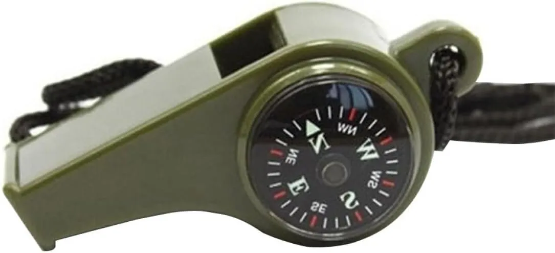 Emergency Survival Whistle 3 in 1 Whistles with Compass Thermometer Lanyard for Outdoor Hiking Camping Army Green #