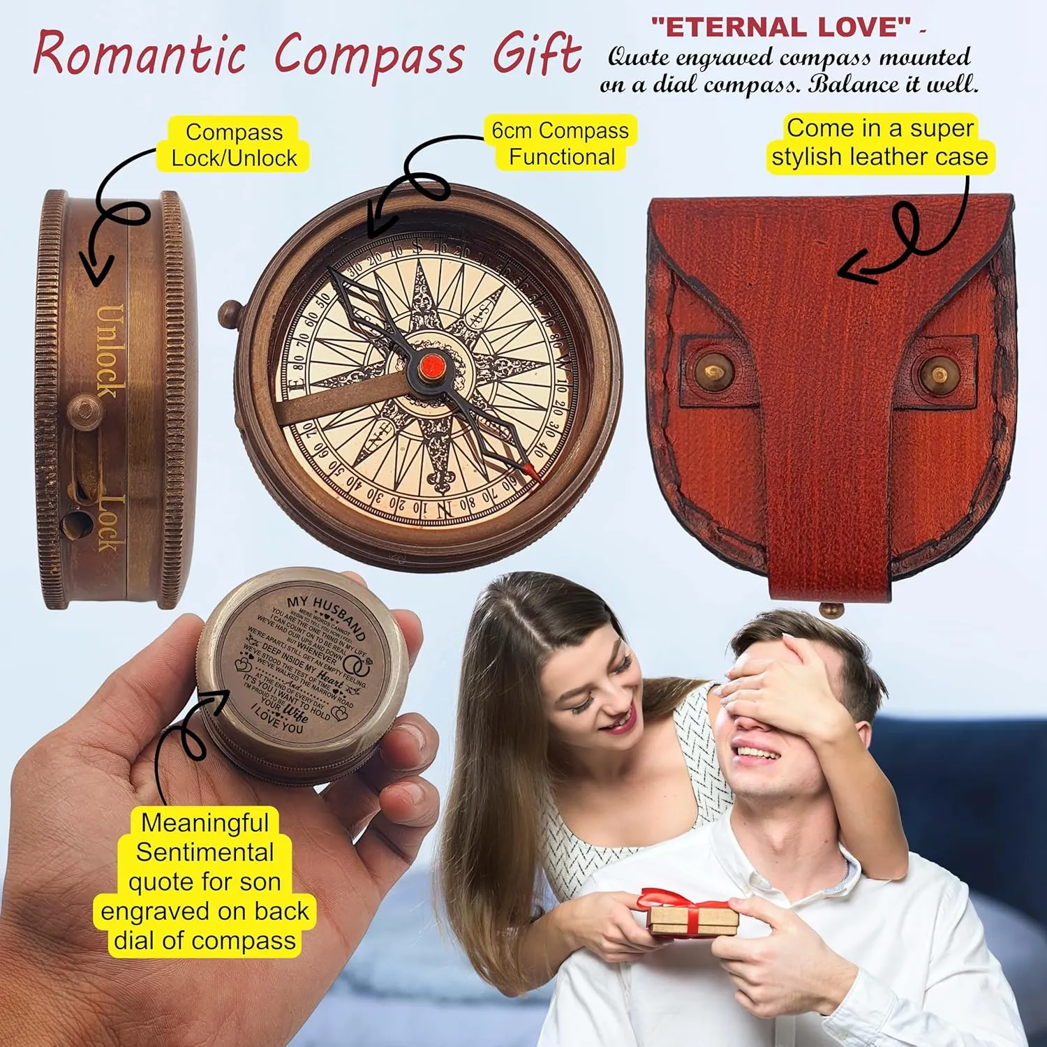Engraved Compass, to My Husband I Love You, Brass Compass Engraved Gifts for Men, Bronze for Men, Romantic Gifts for Him/Her, Keepsake Gifts for Husband