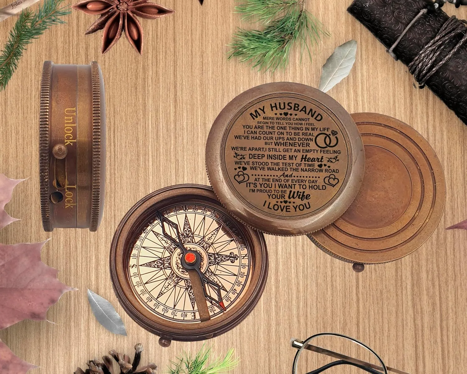 Engraved Compass, to My Husband I Love You, Brass Compass Engraved Gifts for Men, Bronze for Men, Romantic Gifts for Him/Her, Keepsake Gifts for Husband