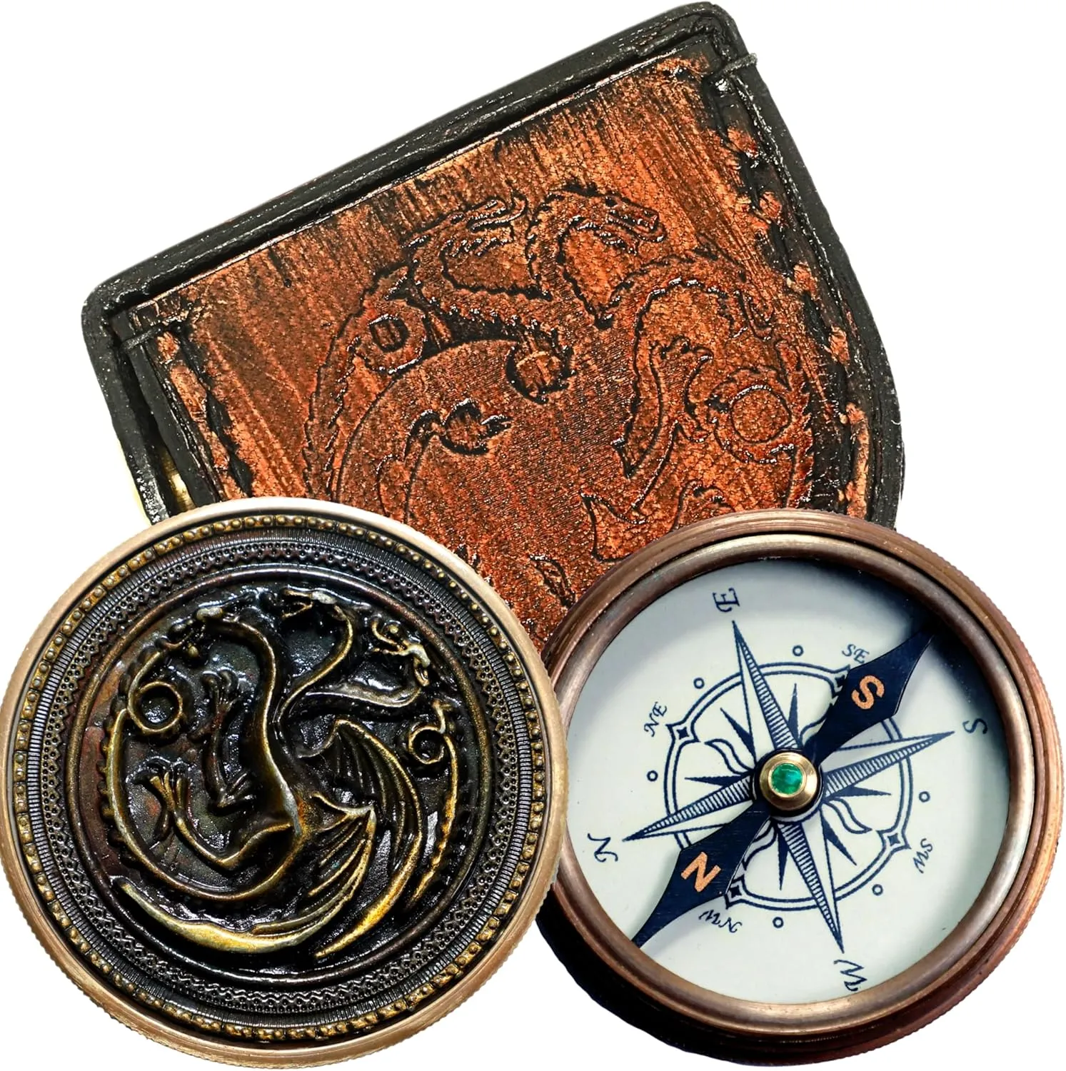 Engraved Flying Dragon 'Fire and Blood' Quote – 2-Inch Antique Finish Collectors' Compass with Premium Leather Case