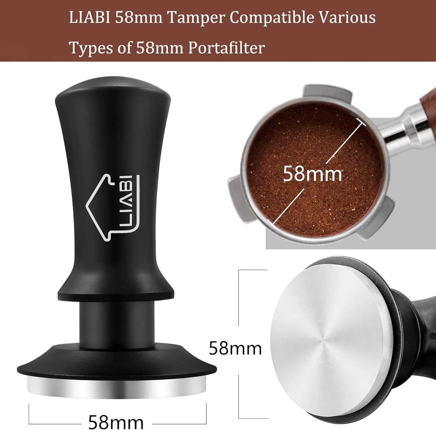 Espresso Coffee Tamper 58mm, Premium Barista Coffee Tamper Tool with Stainless Steel Flat Base Tamper 2 Springs Loaded Tamper for Espresso Machine Rancilio, Gaggia Bottomless Portafilter (Black)