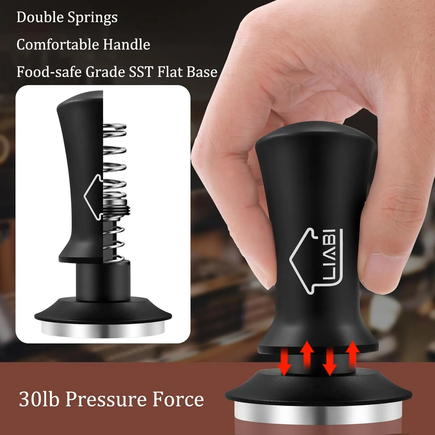 Espresso Coffee Tamper 58mm, Premium Barista Coffee Tamper Tool with Stainless Steel Flat Base Tamper 2 Springs Loaded Tamper for Espresso Machine Rancilio, Gaggia Bottomless Portafilter (Black)