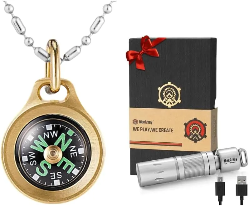 Essential Adventure Set: Brass Mini Compass & Titanium Mini Flashlight with Quick-Open Tail - Compact, Durable Survival Gear for Hikers, Campers, and Travelers - Reliable Tools for Navigation and Illu