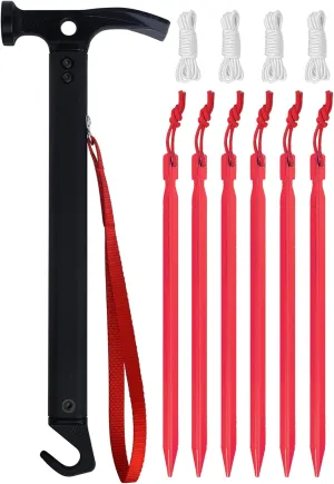 Eurmax USA Hiking Camping Tent Stakes and Hammer Set Lightweight Multi-Function Tent Hammer with Tent Stake Remover,Tent Pegs for Camping, Hiking, Backpacking, Gardening (Red Stakes)