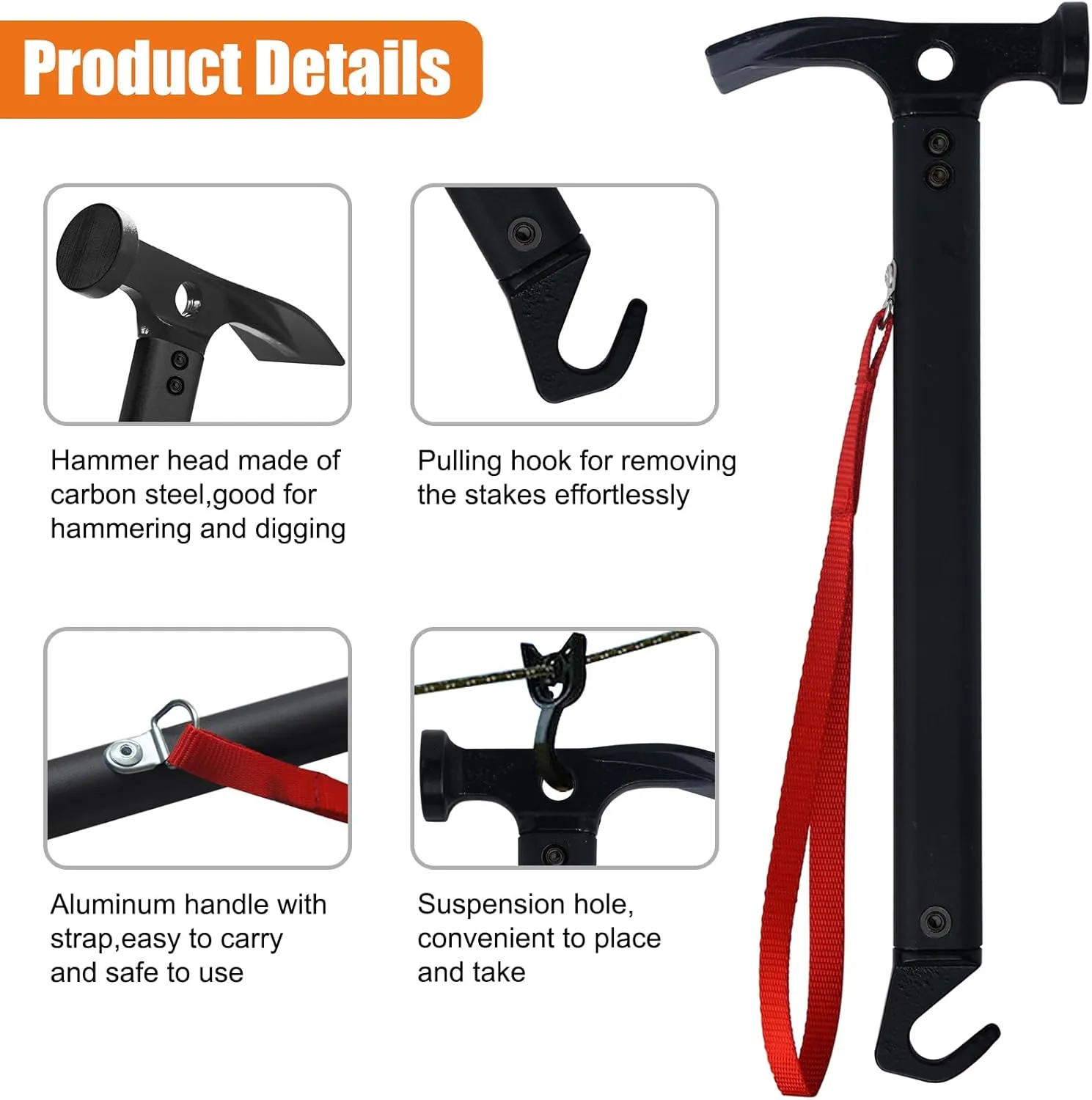 Eurmax USA Hiking Camping Tent Stakes and Hammer Set Lightweight Multi-Function Tent Hammer with Tent Stake Remover,Tent Pegs for Camping, Hiking, Backpacking, Gardening (Red Stakes)