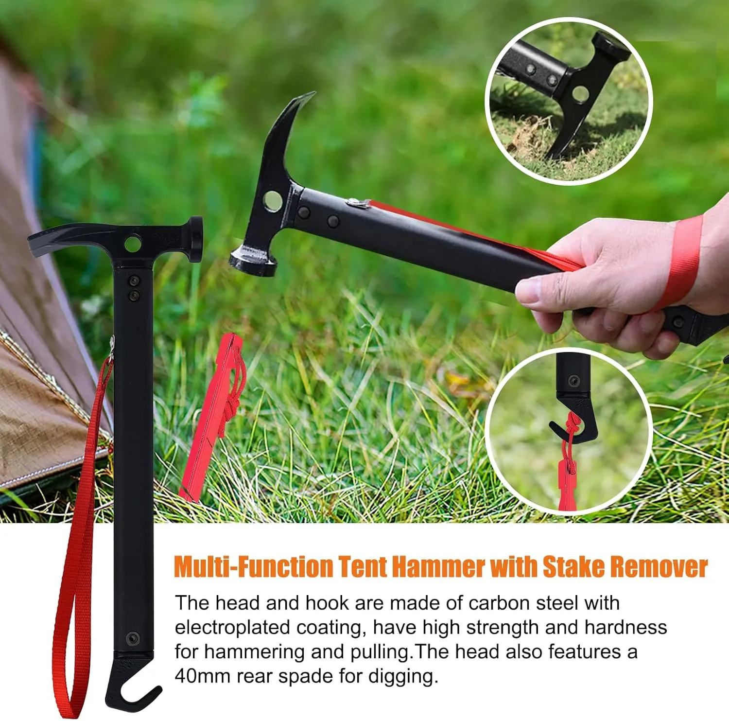 Eurmax USA Hiking Camping Tent Stakes and Hammer Set Lightweight Multi-Function Tent Hammer with Tent Stake Remover,Tent Pegs for Camping, Hiking, Backpacking, Gardening (Red Stakes)