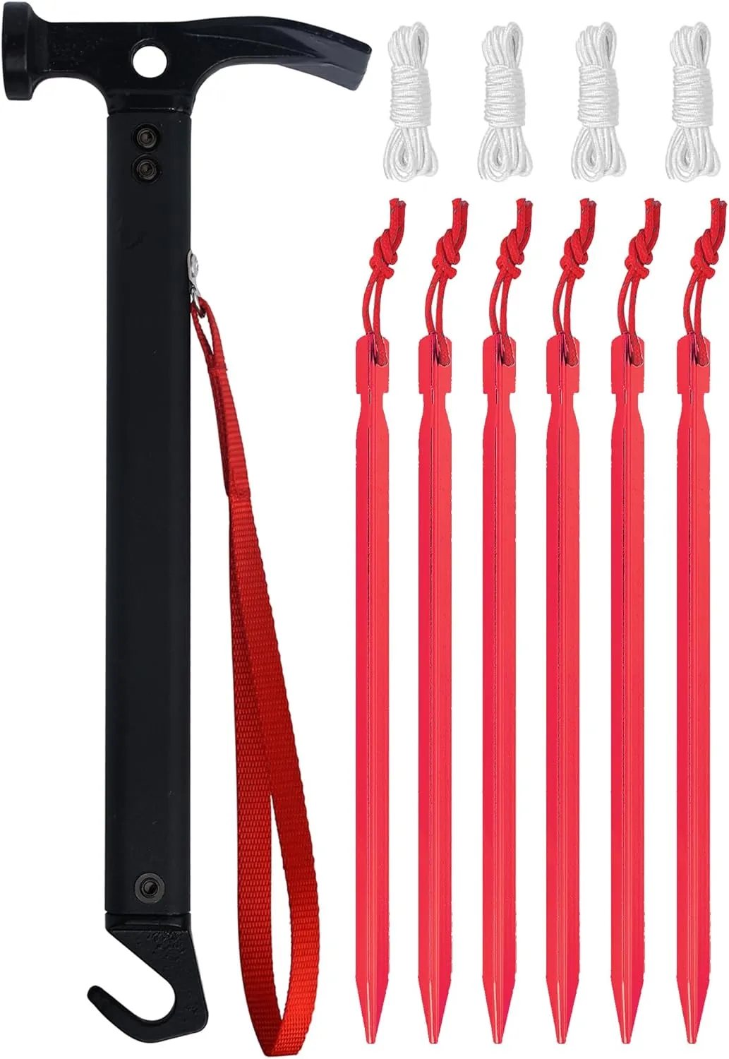 Eurmax USA Hiking Camping Tent Stakes and Hammer Set Lightweight Multi-Function Tent Hammer with Tent Stake Remover,Tent Pegs for Camping, Hiking, Backpacking, Gardening (Red Stakes)