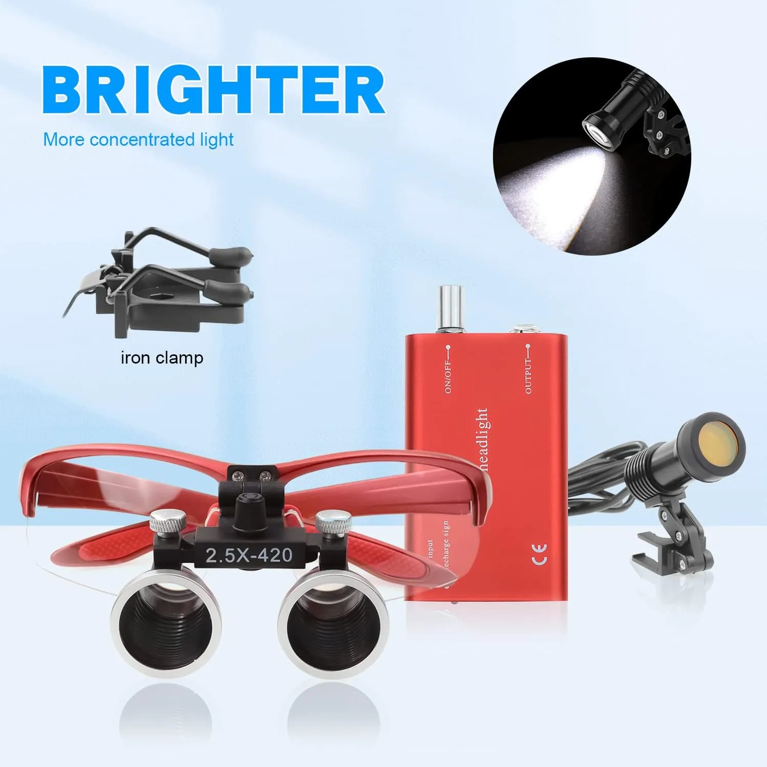 EustomA 2.5X Binocular Loupes Non-Slip Magnifier with 5W LED Light Clip on Headlight Two Clips Optical Glass Headlamp DY-409-2.5X (Red)