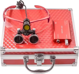 EustomA 2.5X Binocular Loupes Non-Slip Magnifier with 5W LED Light Clip on Headlight Two Clips Optical Glass Headlamp DY-409-2.5X (Red)