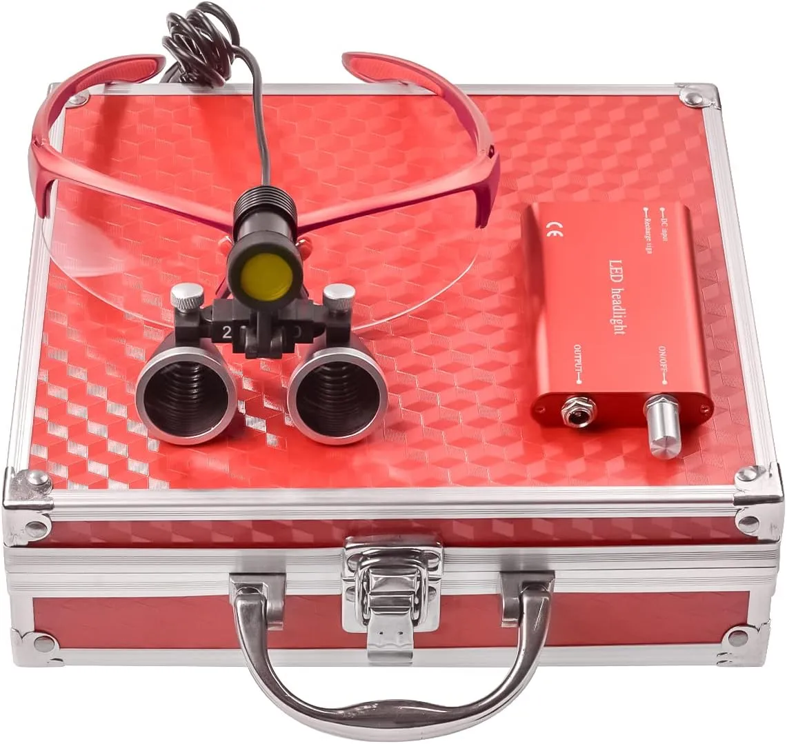 EustomA 2.5X Binocular Loupes Non-Slip Magnifier with 5W LED Light Clip on Headlight Two Clips Optical Glass Headlamp DY-409-2.5X (Red)