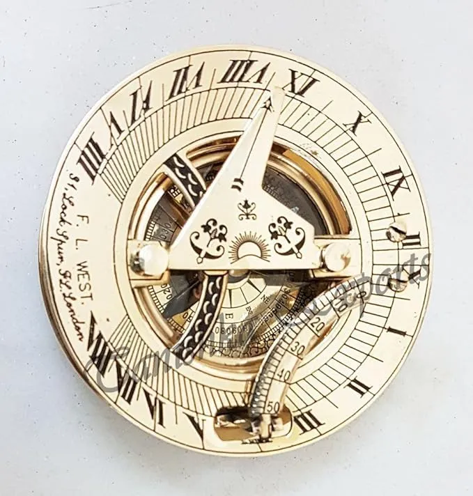 F. L. West London 3-Inch Brass Sundial Compass, Nautical Pocket Navigation Instrument